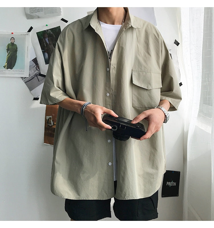 saferido Summer New Fashion Loose Solid Shirts Men's Casual Short Sleeve Shirts Turn-down Collar Clothing Blouses Tops Q02