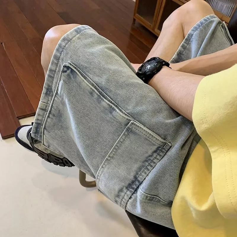 saferido Summer Denim Shorts Men Oversized Vintage Pocket Cargo Shorts Men Japanese Streetwear Hip Hop Loose Wide Leg Shorts Mens Jeans