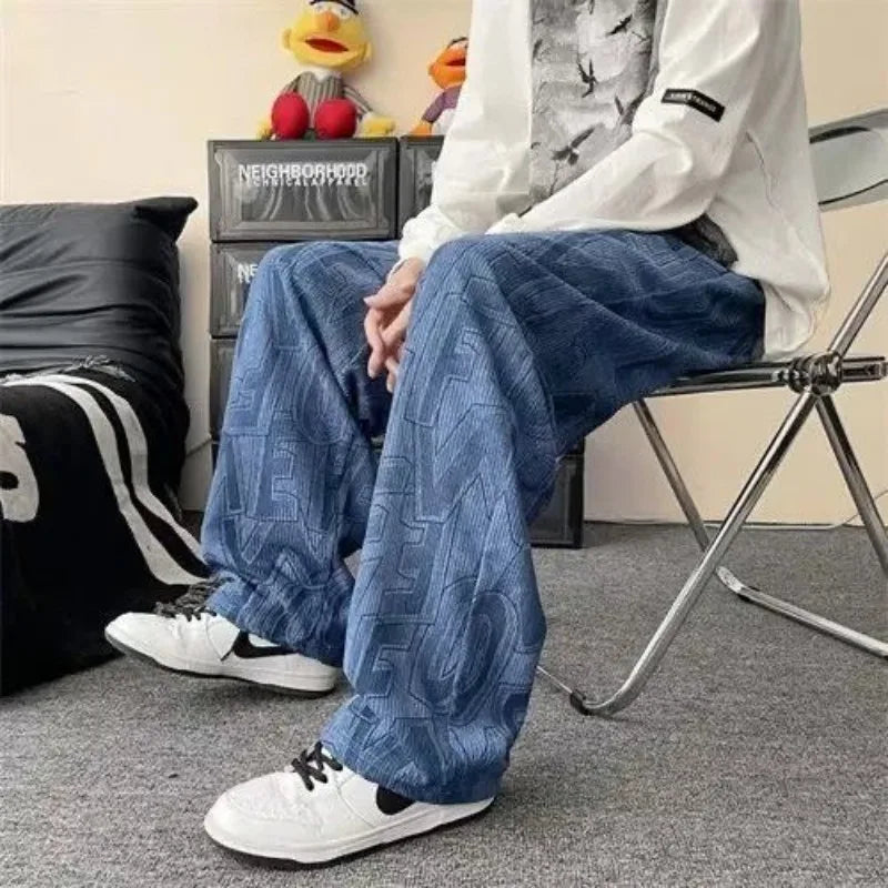 saferido American Casual Pants Men High Street Corduroy Letter Printed Loose Wide Leg Solid Color Spring and Autumn Sports Pants Male