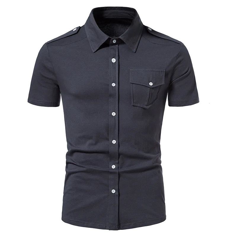 New High Quality Men Solid Color Shirts Summer Short Sleeve Casual Shirt Cotton Slim Fit Chemise Homme Men Clothing S-XXL