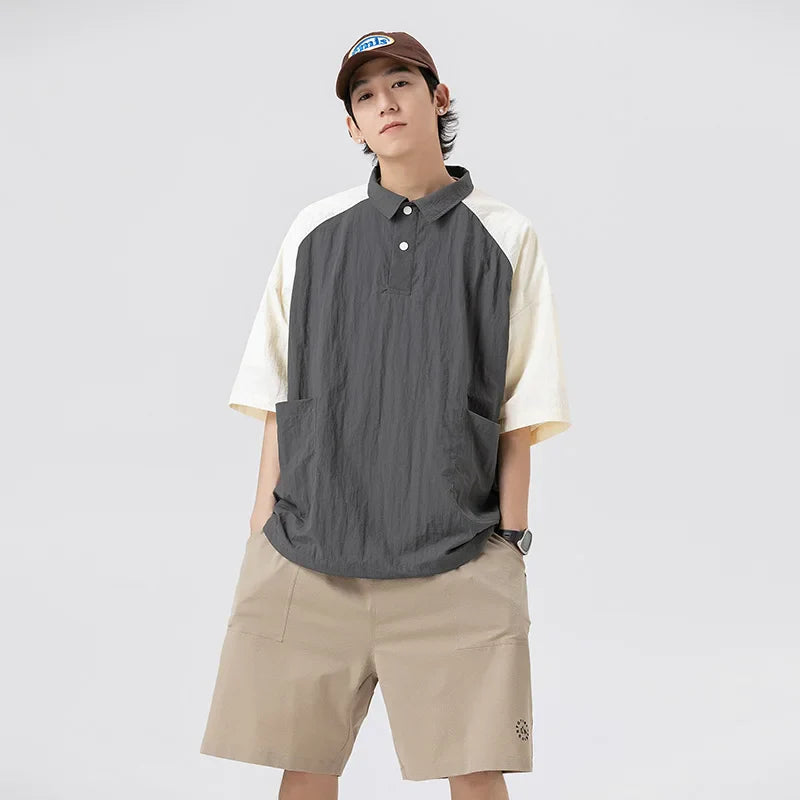 saferido Couple Japanese Shirt Harajuku Oversized Short Sleeve Shirt for Men Women Hawaiian Contrast Stitching Polo Geometric Streetwear