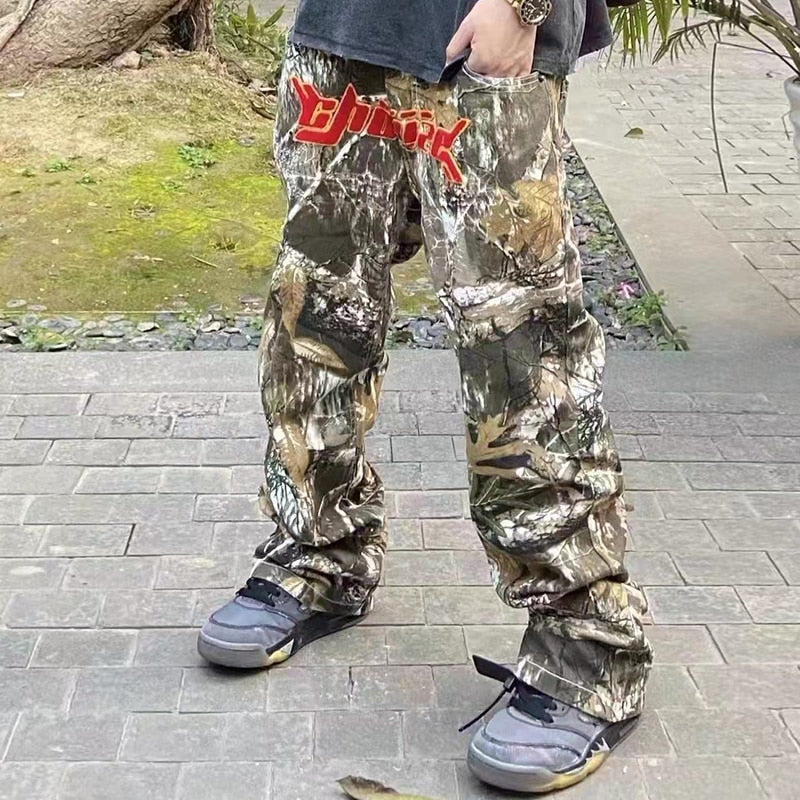 Letter Towel Embroidery Camouflage Cargos for Men Streetwear Casual Y2K Baggy Overalls Pants Oversized Unisex Spliced Trousers