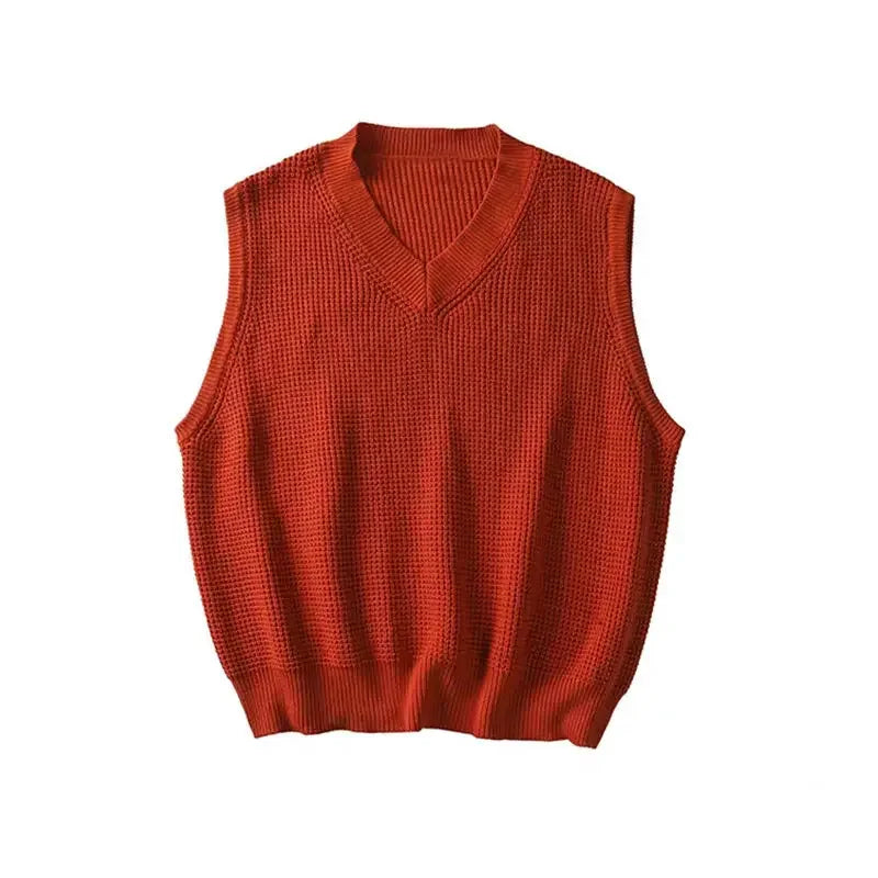 saferido Men's Clothing Blue Plain Sleeveless Vest Knit Sweater Male Waistcoat V Neck Solid Color Warm Classic Japanese Retro Wool