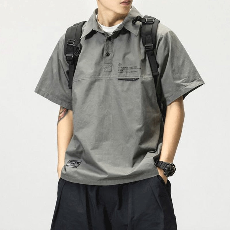 Solid Color Work Clothes POLO Collar Summer Men's Short-sleeved Fashion Shirt Casual Loose Print Patchwork Button Commuting