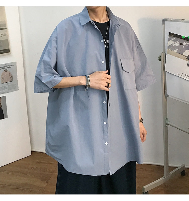 saferido Summer New Fashion Loose Solid Shirts Men's Casual Short Sleeve Shirts Turn-down Collar Clothing Blouses Tops Q02