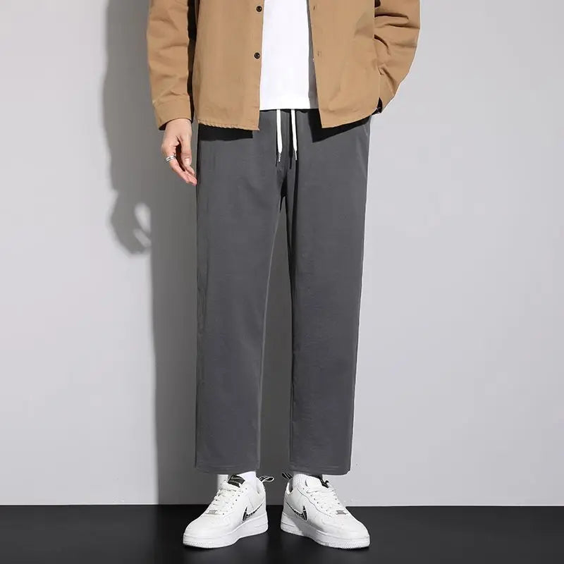saferido Summer New Korean Trendy Loose Versatile Casual Straight Pants Men Solid Elastic Waist Drawstring Pocket Thin Wide Leg Trousers