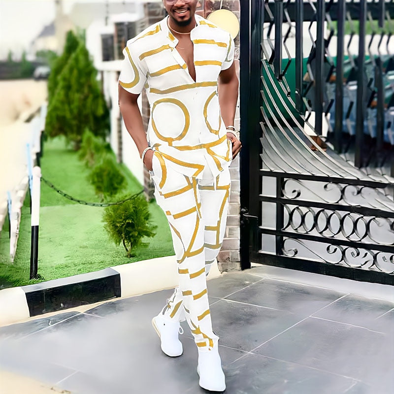 Spring Summer Men's Casual Two Piece Sets Short Sleeve Tops And Long Pants Suit Fashion Pattern Print Outfit Men Streetwear