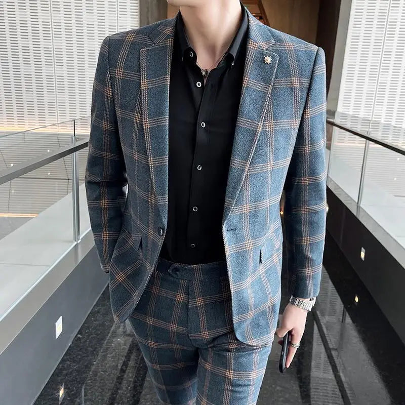Boutique 5XL (Blazer + Trousers) Men's Fashion Business Casual British Style Gentleman Elegant Plaid Dress Formal 2-piece Set