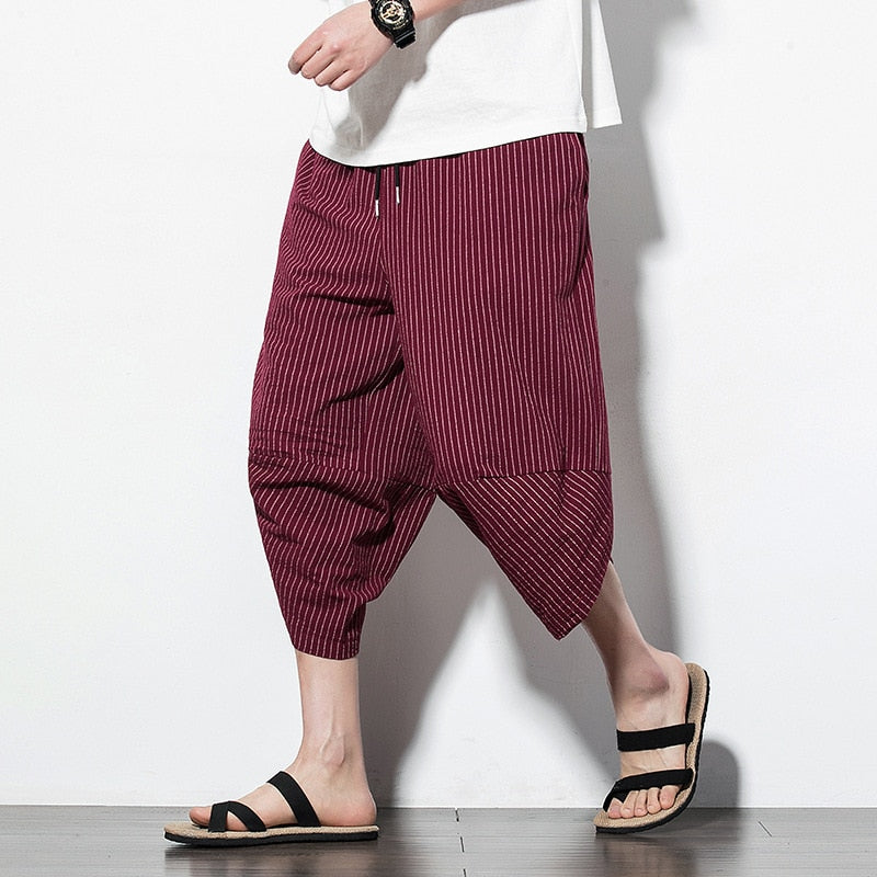 HOUZHOU Striped Cotton Linens Pants for Men Oversize Harem Cropped Trousers Male Summer Casual Beach Japanese Streetwear Hip Hop