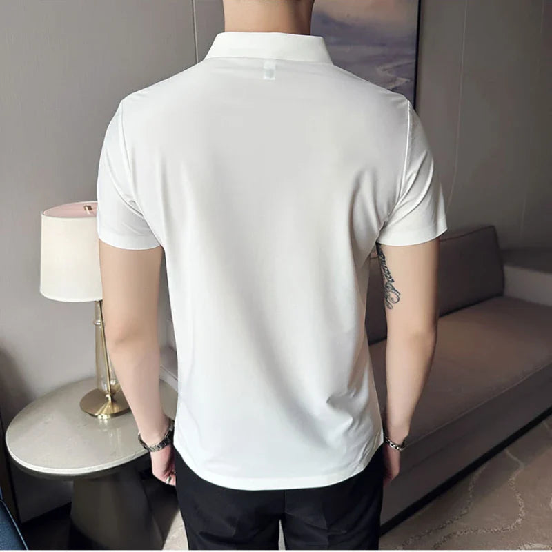 saferido British Style Men's High Elastic Ice Silk Dark Striped Lapel Polo Shirt Golf Casual Slim Fit Short Sleeve Shirt Khaki