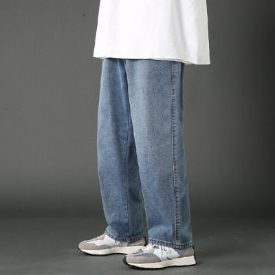 Street Casual Baggy Jeans Men's Korean Fashion Hip Hop Straight Wide Leg Trousers Couple Denim Pants Black Light Blue