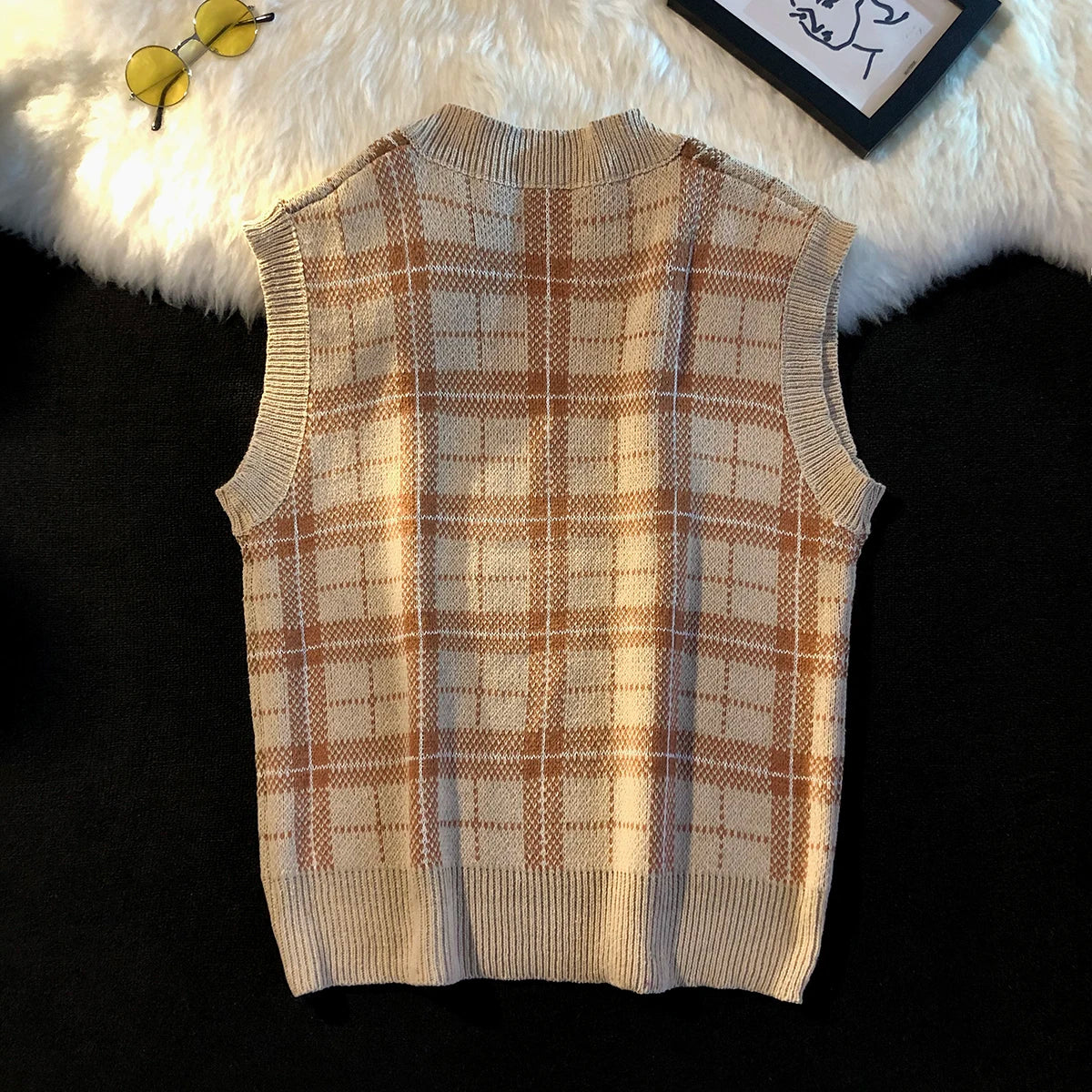 saferido Men's Knitted Sweater Vest Spring Autumn Casual Vest Korean Fashion Plaid Sleeveless Tops Knit Bottoming Shirt Male Clothes
