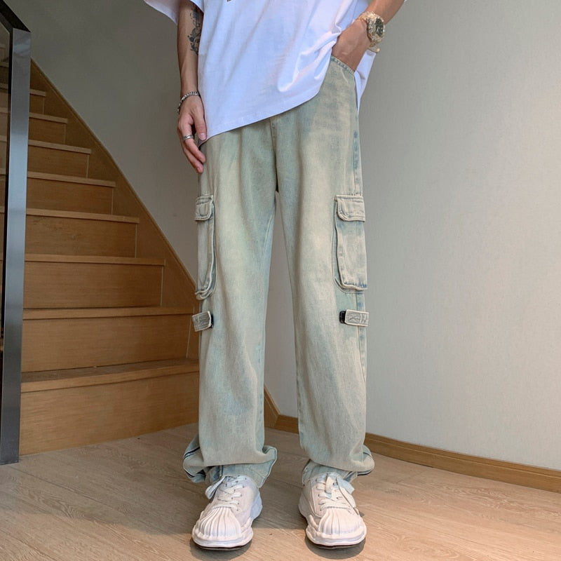 Fashion Pocket Zipper Men's Jeans Neutral Wide Leg Denim Trousers Loose Straight Jeans Youth Casual Neutral Hip Hop Pants