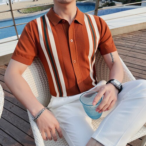 Summer High Quality Casual Knitting Stripe Polo Shirts/Male Slim Fit Fashion Knitted short sleeve polo shirts S-4XL