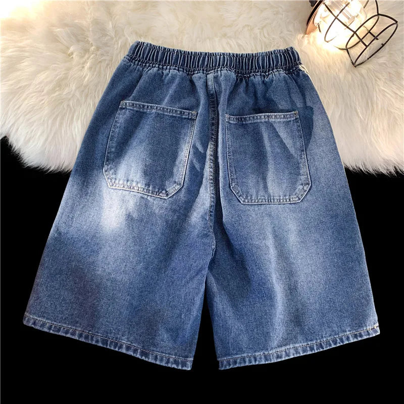 saferido Summer New Men's Denim Shorts Korean Street Loose Casual Shorts Fashion Elastic Waist Stitching Blue Five-point Pants