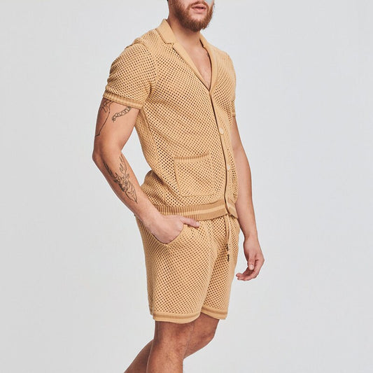 Men's Two-piece Set Knit Solid Color Hollow Out Suit Short Sleeve Lapel Pocket Top Drawstring Shorts New Fashion