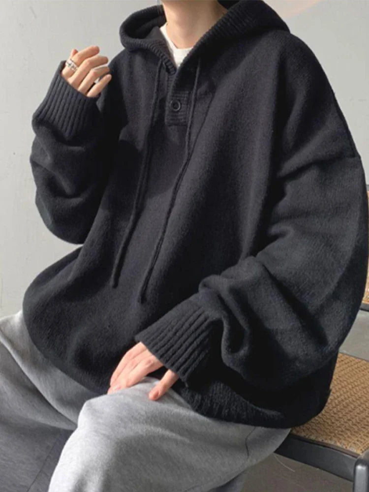 Hood Sweater Men's Winter Loose Chic Idle Sle Retro Knit Solid Outerwear Teenagers Fashion Trendy Warm Man Clothing