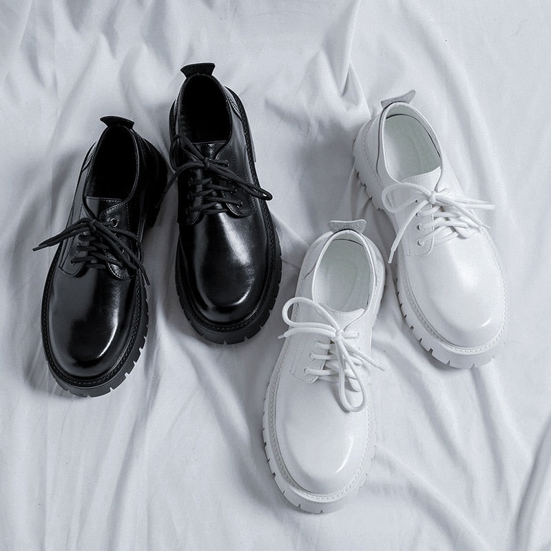 saferido Men Platform Leather Casual Shoes Black White Vintage Male Lace Up Dress Shoes Business Oxfords Fashion Wedding Flats