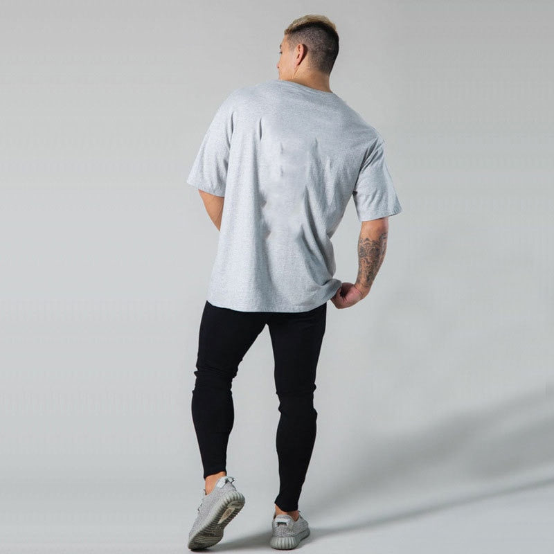 Gym Fitness Shirt Men's Running Sports Loose Oversized T-shirt Short Sleeve Cotton Summer Men's Bodybuilding Workout Top Men's