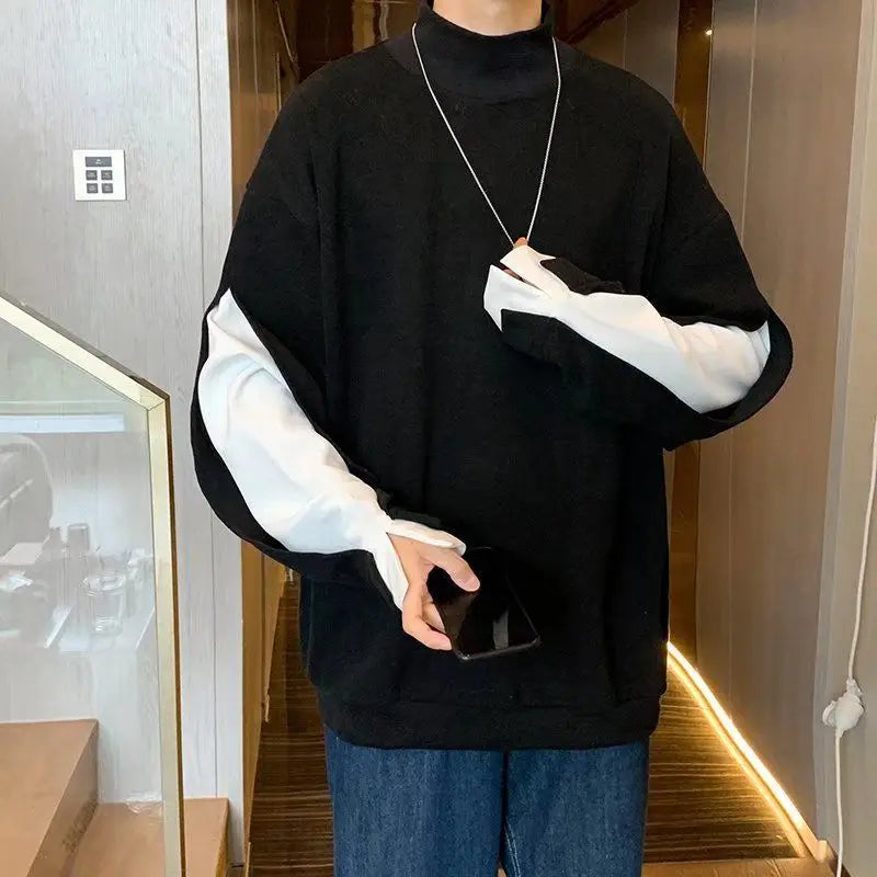 saferido Stylish Stand Collar Spliced Loose Fake Two Pieces T-Shirt Men's Clothing Spring New Casual Pullovers All-match Tee Shirt
