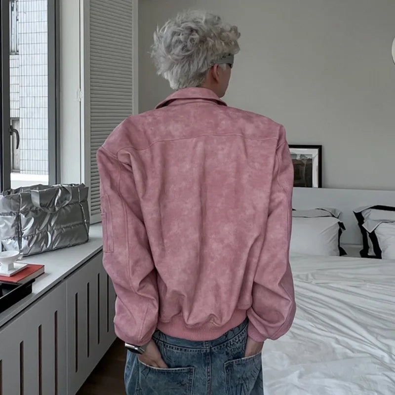 saferido Mens Cropped PU Leather Jacket Fashion Turn-down Collar Gradient Color Retro Coat Zipper Men's Motorcycle Outwear Spring Pink