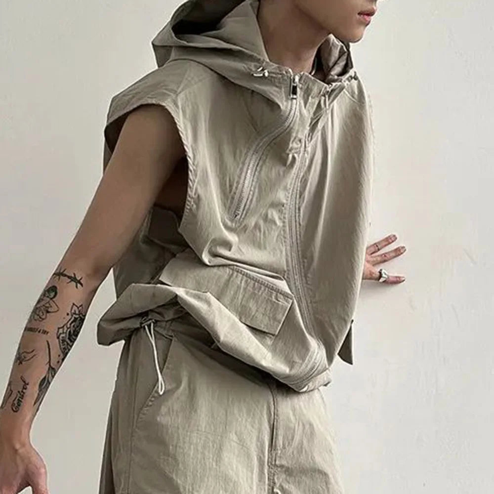 saferido Men Cargo Vest Hooded Summer Japanese Zipper Design Sleeveless Tops Male Korean Streetwear Hip Hop Unisex Plus Size Waistcoat