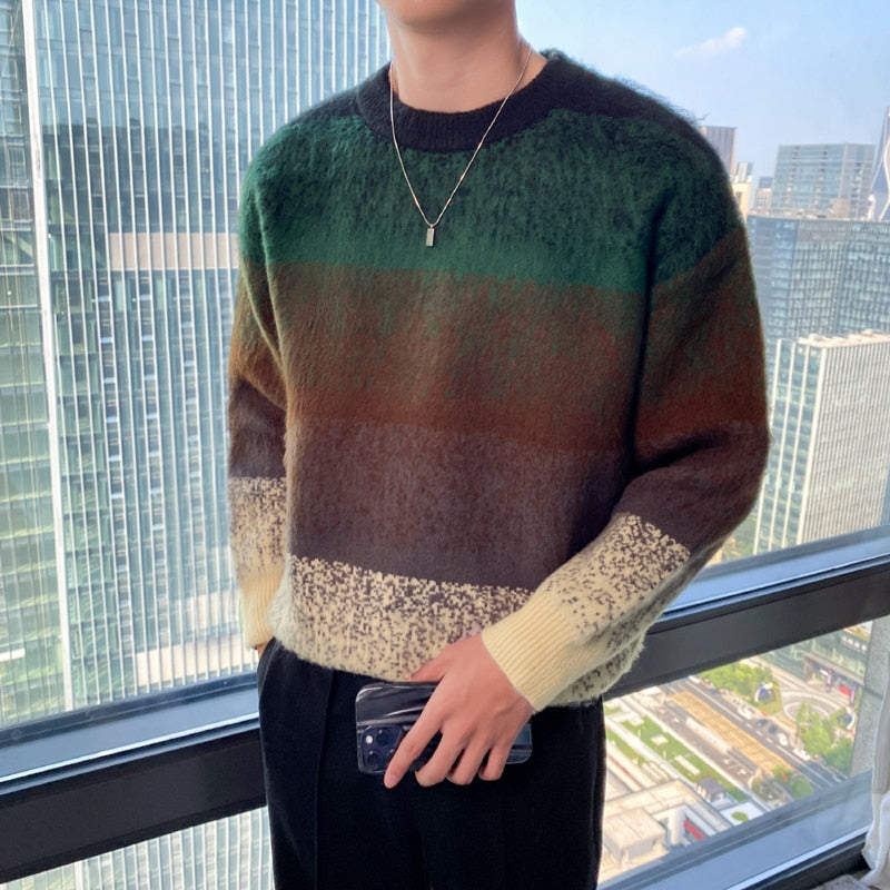 Autumn Winter Fashion Mens Sweaters Velvet Thick Long Sleeve Knit Jumper Gradient Colors Striped Patckwork Sweater Pullovers Man
