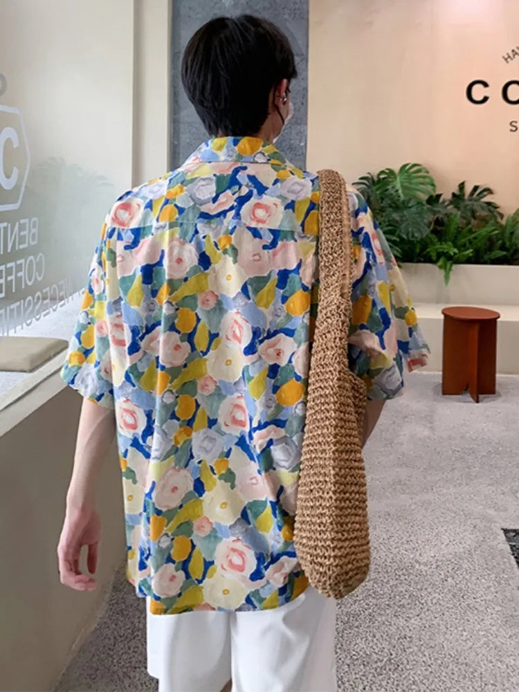 saferido Summer Shirts Men Painting Ins Chic Advanced Breathable Casual Short Sleeve High Street Korean Beach Style Loose Cozy Vocation
