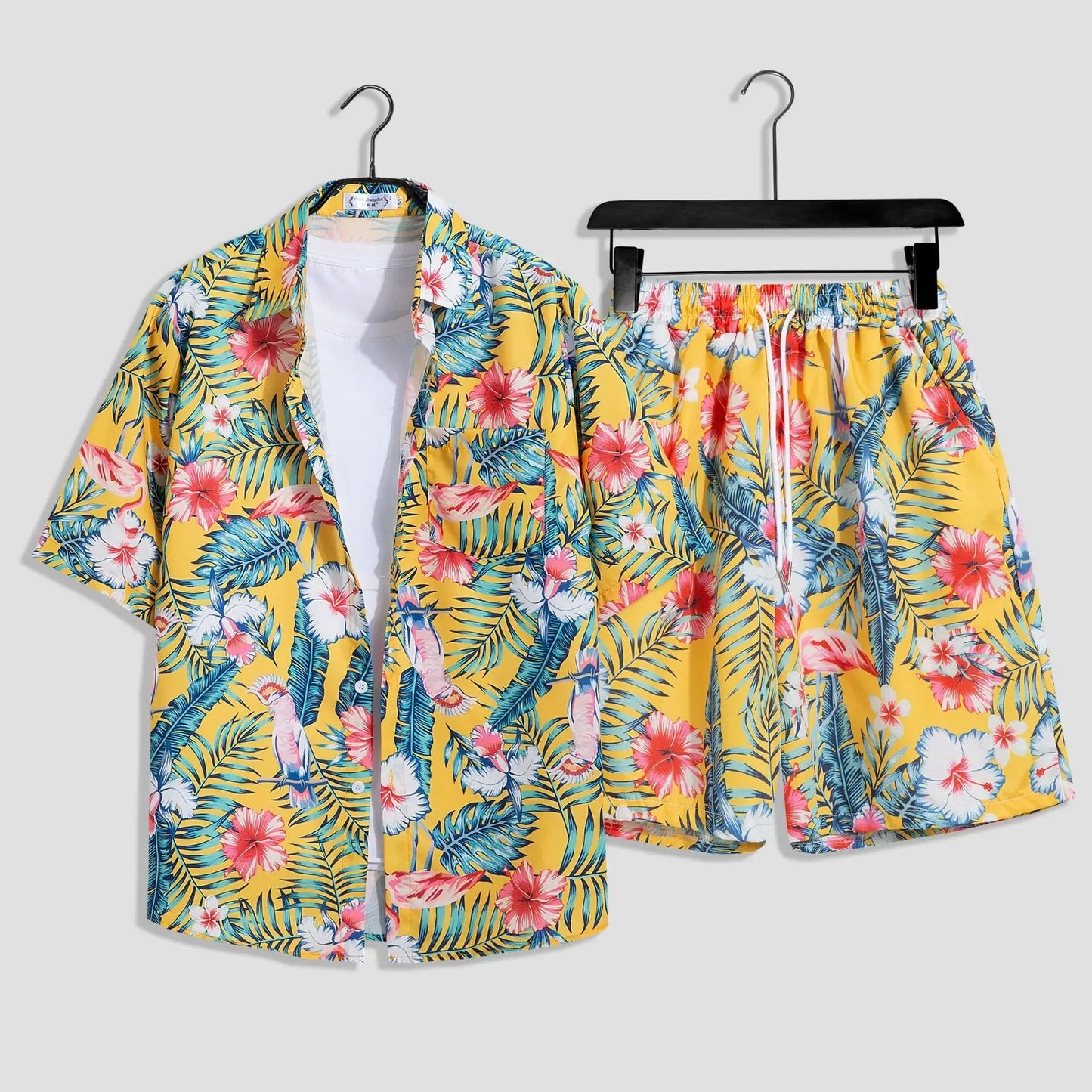 Mens Fashion Print Sets Short Sleeve Shirt+Shorts 2Pcs Suit Loose Summer Casual Beachwear Male Vacation Hawaiian Outfits