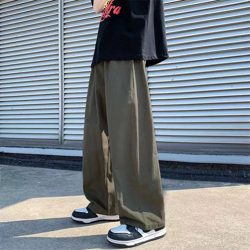 saferido Spring Cotton Wide Leg Pants Men Fashion Solid Color Casual Pants Men Streetwear Korean Loose Straight Pants Mens Trousers S-5XL