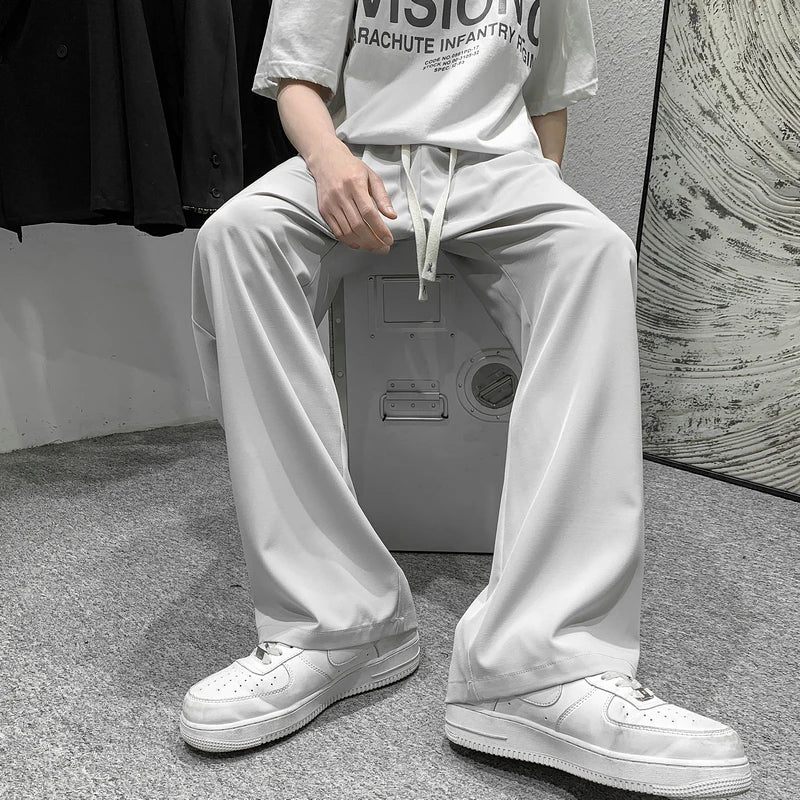 saferido Summer Thin Pants Men Fashion Gray Black Casual Ice Silk Pants Men Streetwear Korean Loose Straight Wide Leg Pants Mens Trousers
