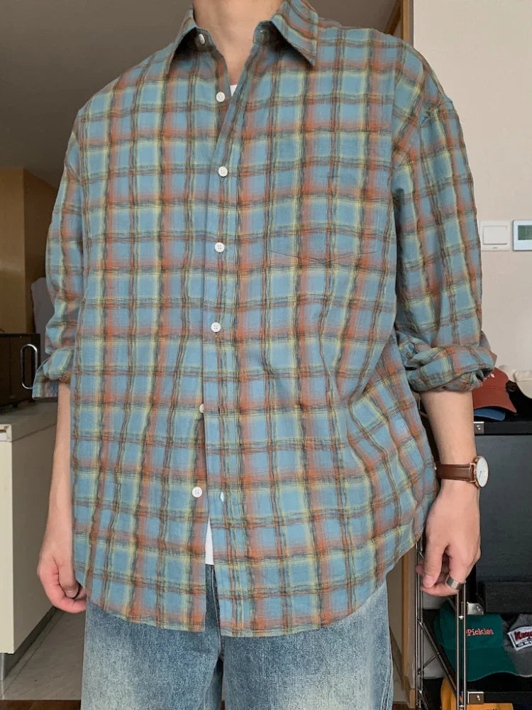 Casual Shirts Men Loose Long Sleeve Handsome Spring Autumn Daily Plaid Streetwear Fashion Korean Style Unisex Turn-down Collar