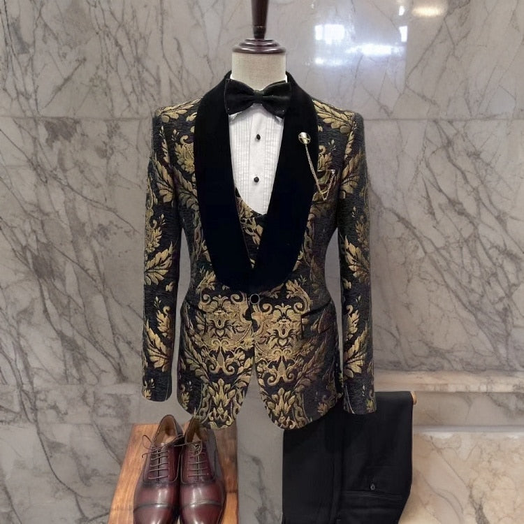 Floral Jacquard Wedding Suits for Men with Stand Collar Double Breasted Navy Blue Formal Groom Tuxedo Jacket Vest Pants 3 Piece