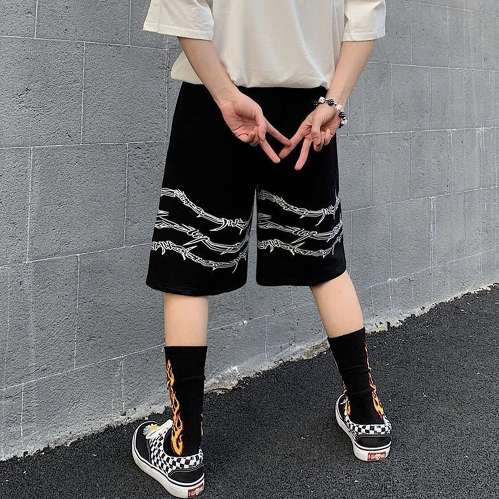 saferido Mens Casual Shorts Summer Hip-Hop Street Harajuku Style Personalized Print Simple Sports Shorts Boys Loose Straight Pants