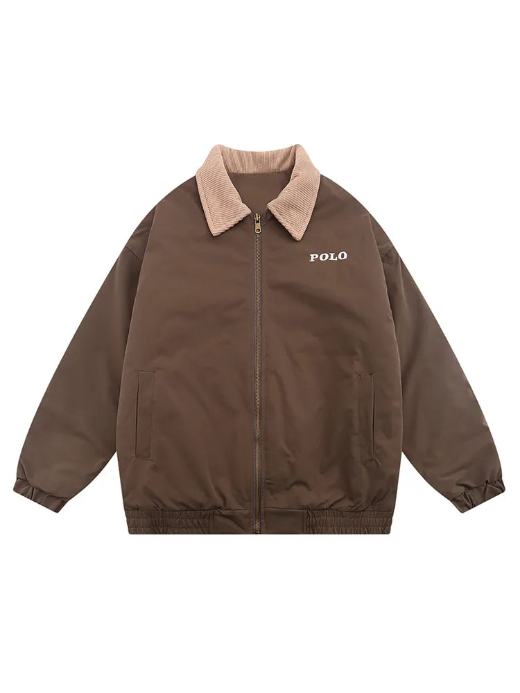 Fashion Vintage Zipper Jacket Coat Men Harajuku Vintage Embroidered Polo Jacket Casual Baseball Outwear Tops Thick