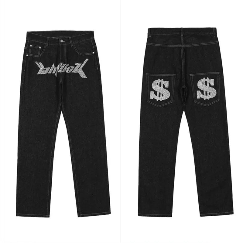 saferido Men's Y2k Jeans Cashew Flowers Purple Streetwear Casual Pants Punk Hip Hop Letter Print Baggy Harajuku Straight Denim Trousers
