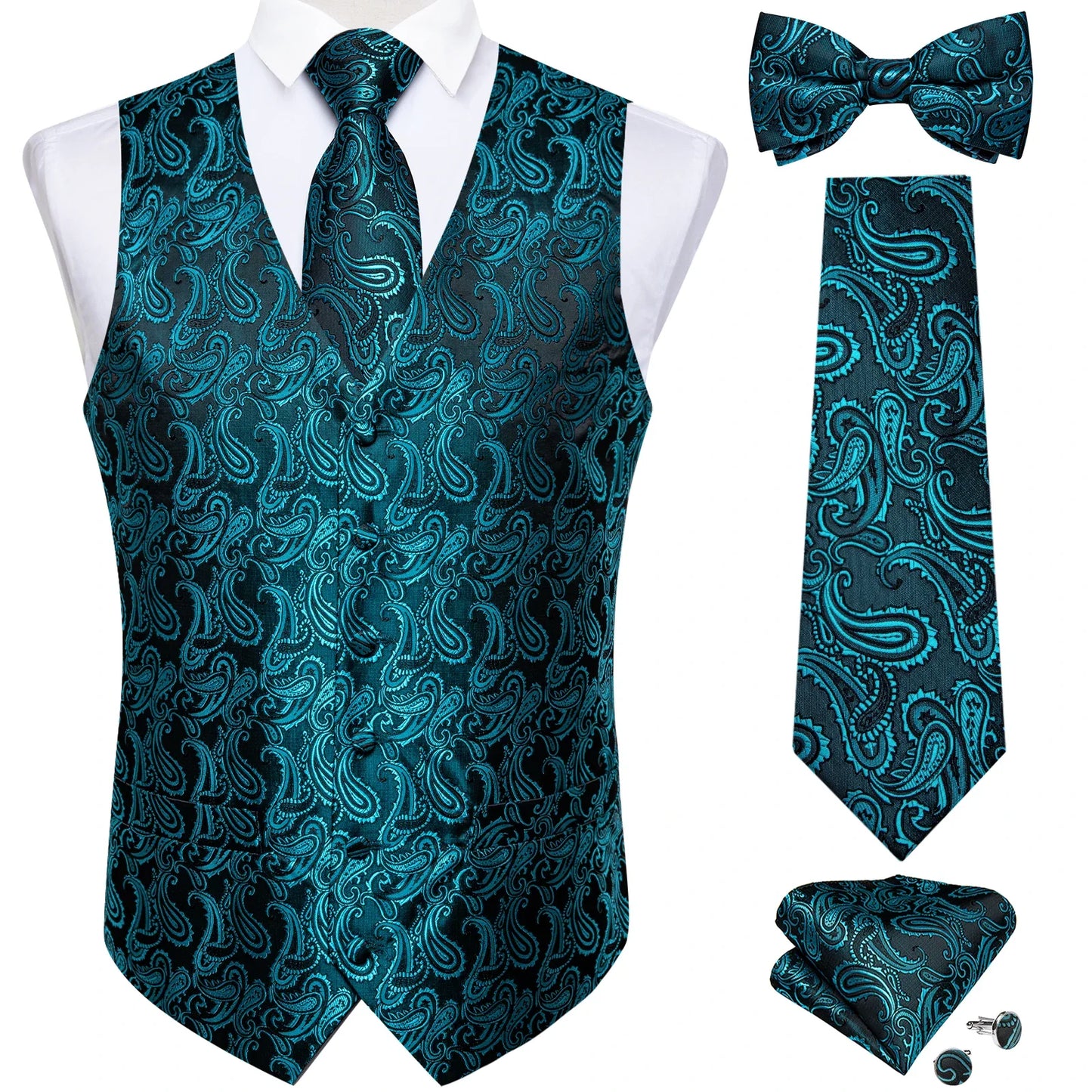 Men Black Paisley Vest Necktie Bowtie Pocket Square Cufflinks Dress Set Classic 5 PCS Business Waistcoat for Man