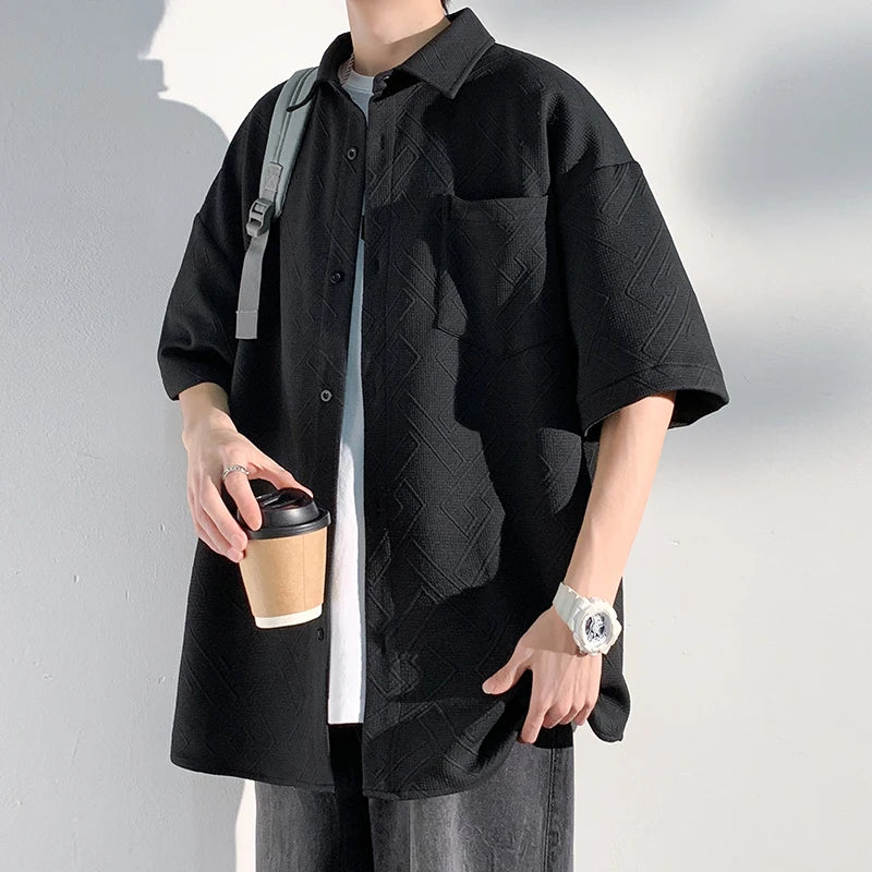 saferido Men's Short Sleeve Shirts Solid Color Blouses Fashion Streetwear Clothes College Style Tops Spring Summer Male Cardigan
