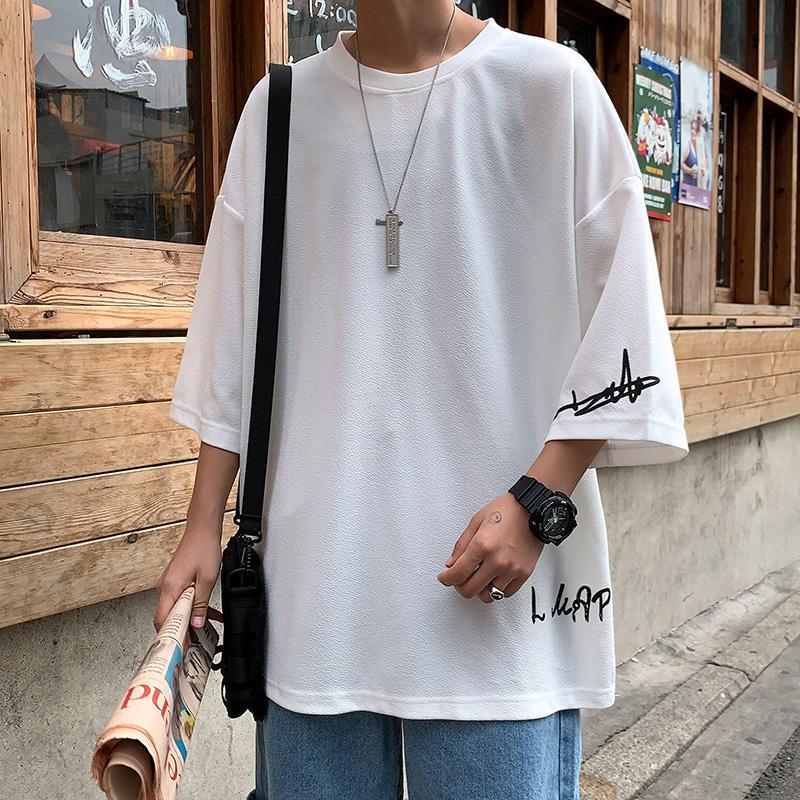 Fashion Solid Color Printed Asymmetrical T-Shirt Men Clothing Spring New Oversized Casual Pullovers Loose Korean Tee Shirt