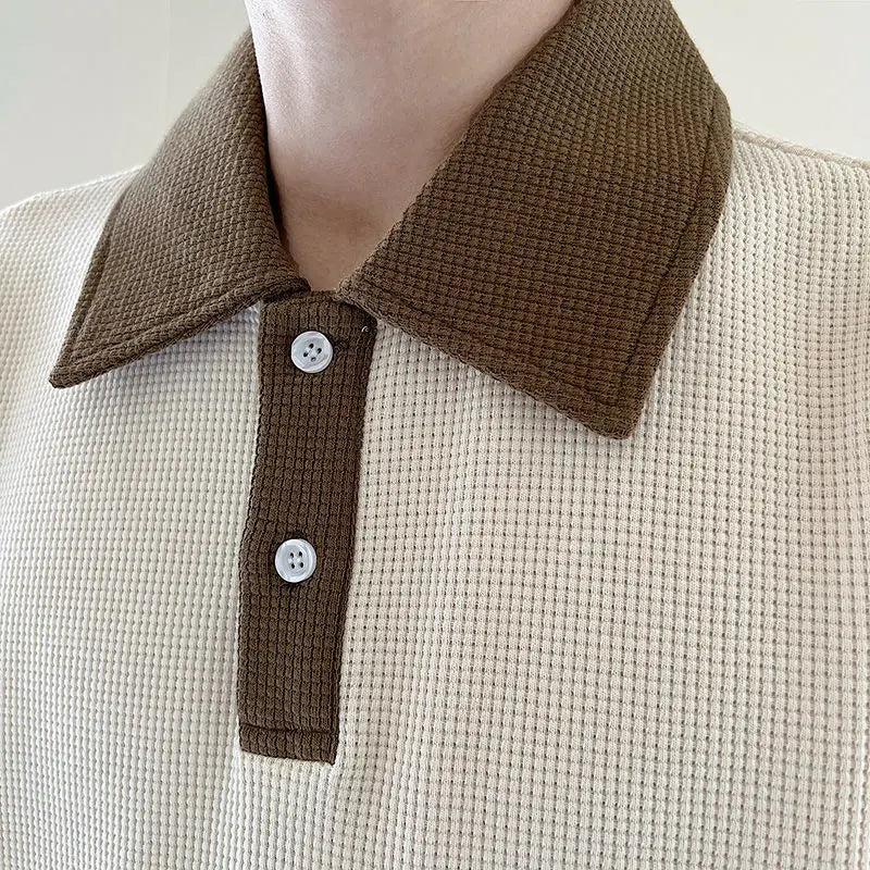 New High-end Korean Fashion Polo Shirts for Men Patchwork Waffle Lapel Buttons Short Sleeve T-shirt Men Summer Loose Polo Shirt
