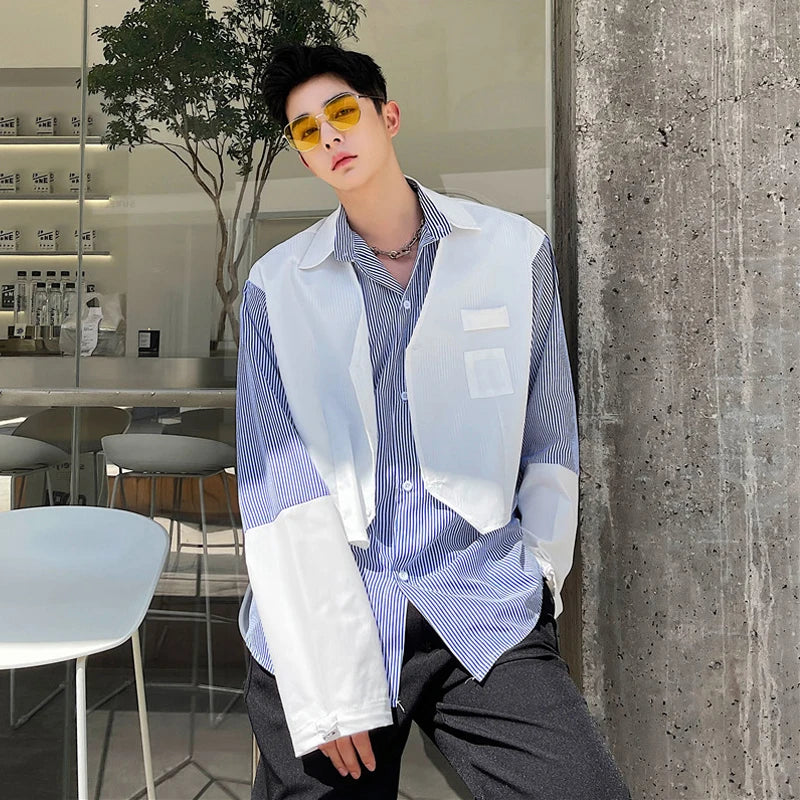 saferido Spring and Autumn New Men's Patchwork Fashion Casual Long-Sleeve Striped Blouse Tops Loose High Quality Design Shirts T60