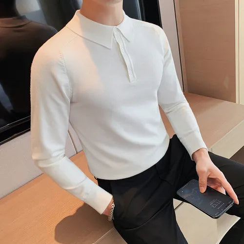 saferido Summer Mens Long-Sleeved Knitted Casual POLO Shirts Contrast Color British Slim Fit Lapel POLO Shirt Men Clothes S-3XL