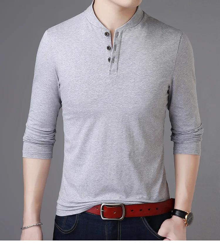 saferido New Spring Autumn Casual Men T Shirt Cotton Long Sleeve Stand Collar Tops Tees Mens Slim Fit Solid Color Tshirt Men Clothing