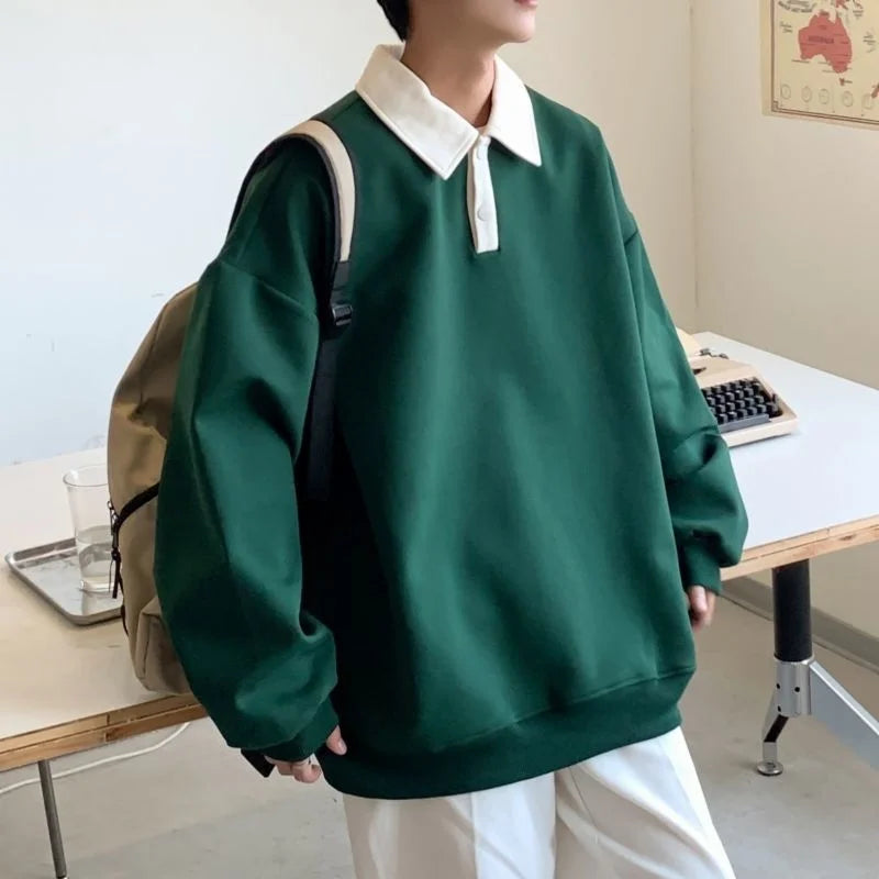 Autumn Lapel Hoodie Men Fashion Black Green Casual Oversized Sweatshirt Men Streetwear Hip Hop Loose Pullover Hoodies Mens Hoody