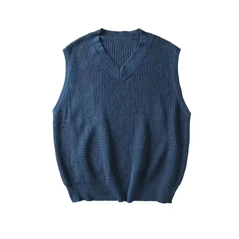 saferido Men's Clothing Blue Plain Sleeveless Vest Knit Sweater Male Waistcoat V Neck Solid Color Warm Classic Japanese Retro Wool