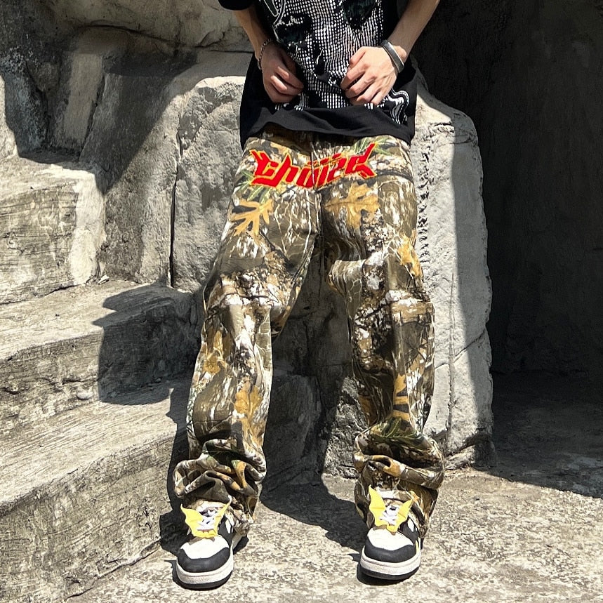 Letter Towel Embroidery Camouflage Cargos for Men Streetwear Casual Y2K Baggy Overalls Pants Oversized Unisex Spliced Trousers