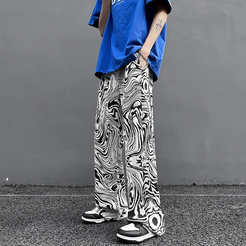 saferido Casual Ice Silk Mopping Pants Men Four Seasons Fashion Sports Trousers Thin Printed Loose Pants Straight Wide Leg Pants Oversize