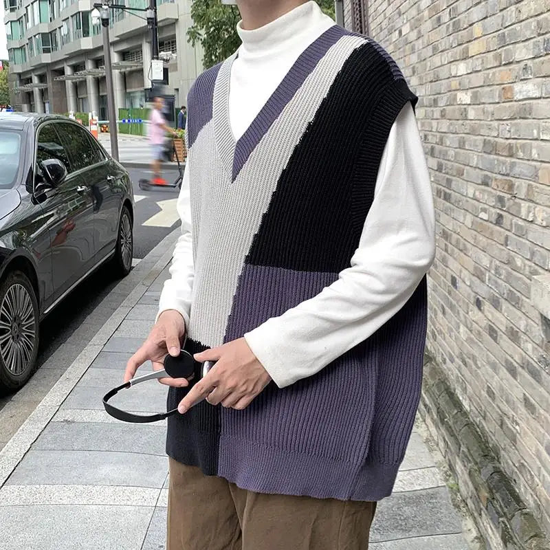 saferido Autumn New Sleeveless Knit Vest Geometric Pattern Pullovers Men's Cashmere Sweater Yellow Oversize Knitted Preppy Style Tops