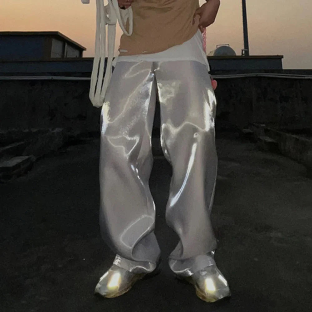 saferido Y2k Street Glossy Satin Trousers Men's Spring and Summer Loose Casual Pants Tide Brand Fashion Solid High Waist Wide Leg Pants