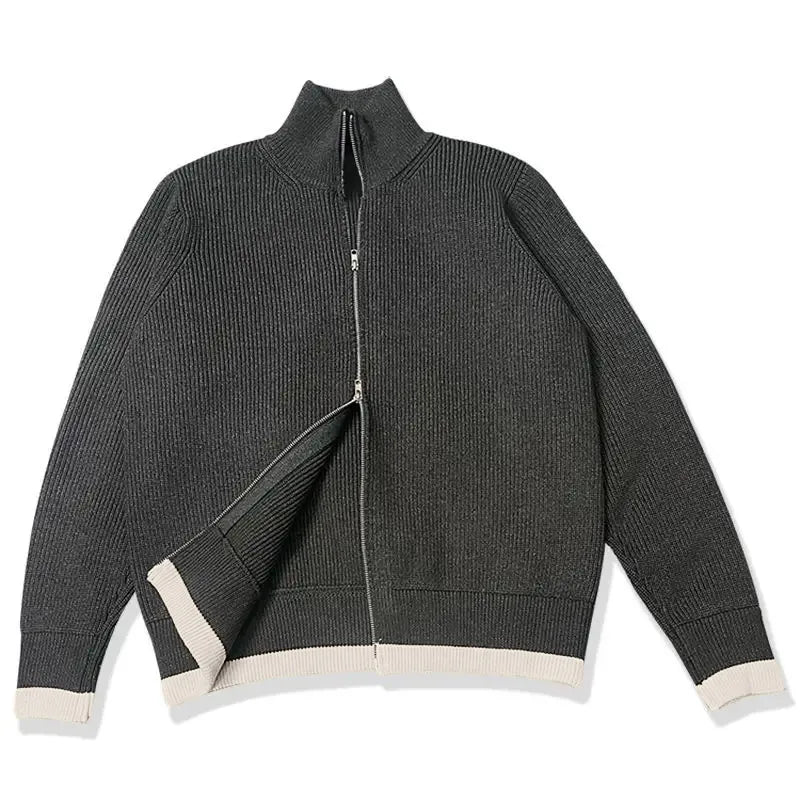 High Collar Men Winter Lambs Wool Cardigan Casual Loose Gray Zipper Knitted Sweater Fashion Contrast Long Sleeve Man Jumper New
